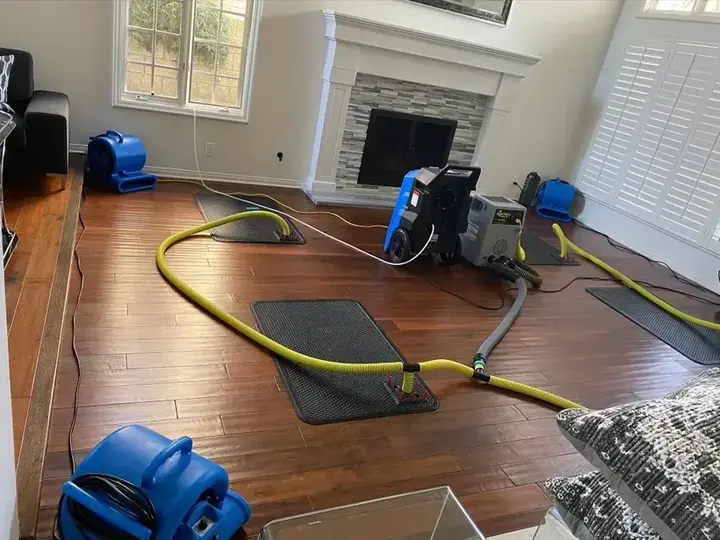 Floor drying mats and air movers pulling water out of Naples hardwood