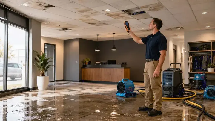 Moisture meter check in a flooded Naples commercial lobby