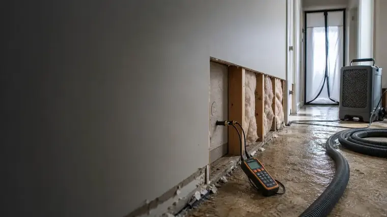 Flood-cut drywall, a moisture meter and an extraction hose during a Naples dry-out
